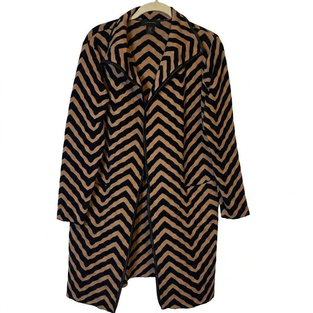 Tahari Zebra Chevron Cardigan Womens M Open Front Duster Office Chic